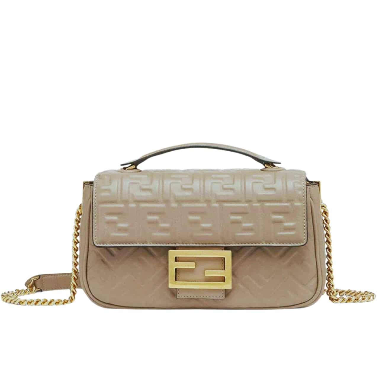128-2 Fendi Baguette Chain Midi Leather Bag Beige With Ff Motif 24Cm - Image 1