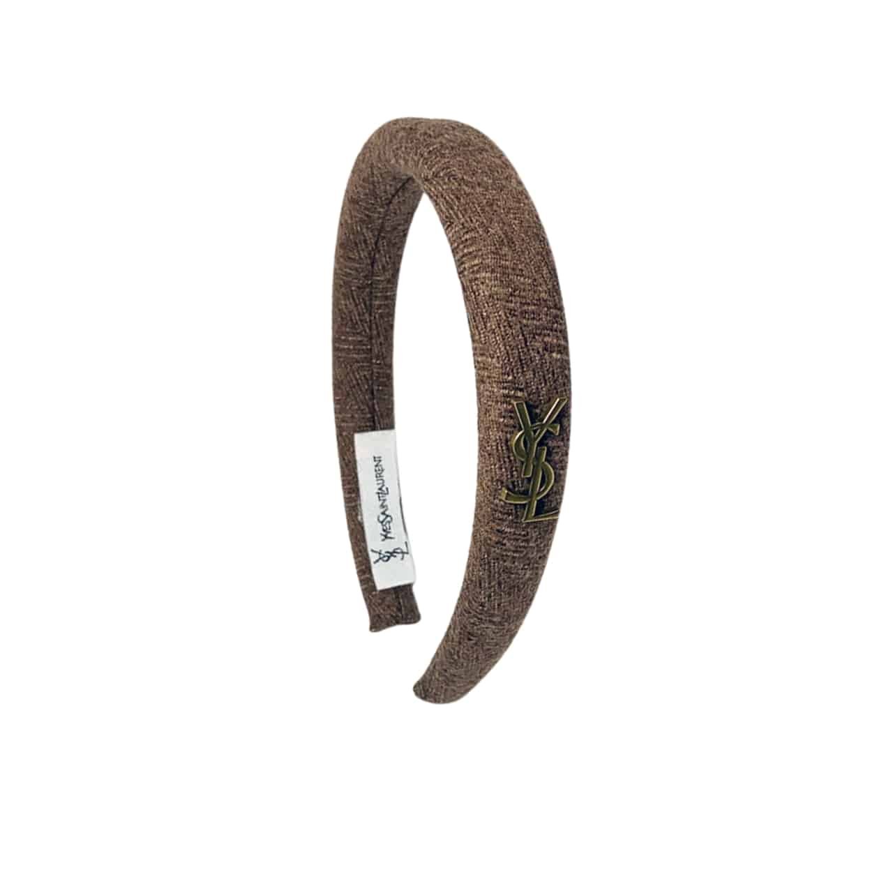 157-1-4 Saint Laurent Small Ysl Tweed Headband With Gold Hardware In Dark Brown - Image 1