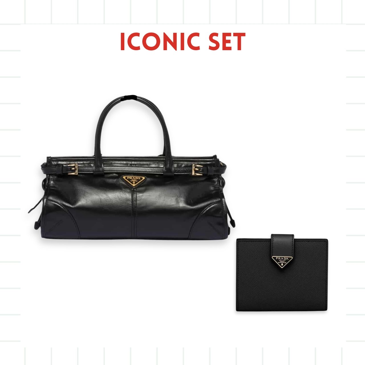 174-2-1 Gift Set: Prada Medium Handbag Black And Saffiano Vertical Short Wallet - Image 1