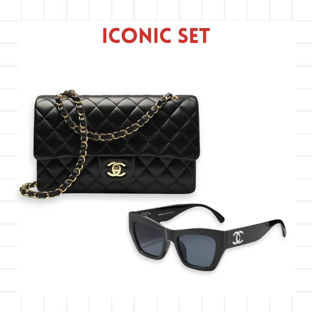179-2 Gift Set: Chanel Medium Flap Bag Black And Cat Eye Sunglasses Acetate And Nylon Black - Image 1