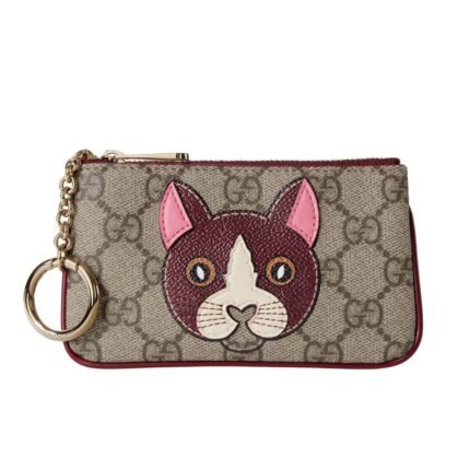 Gucci Key Case With Gg And Cat Detail Beige And Dark Brown 12Cm