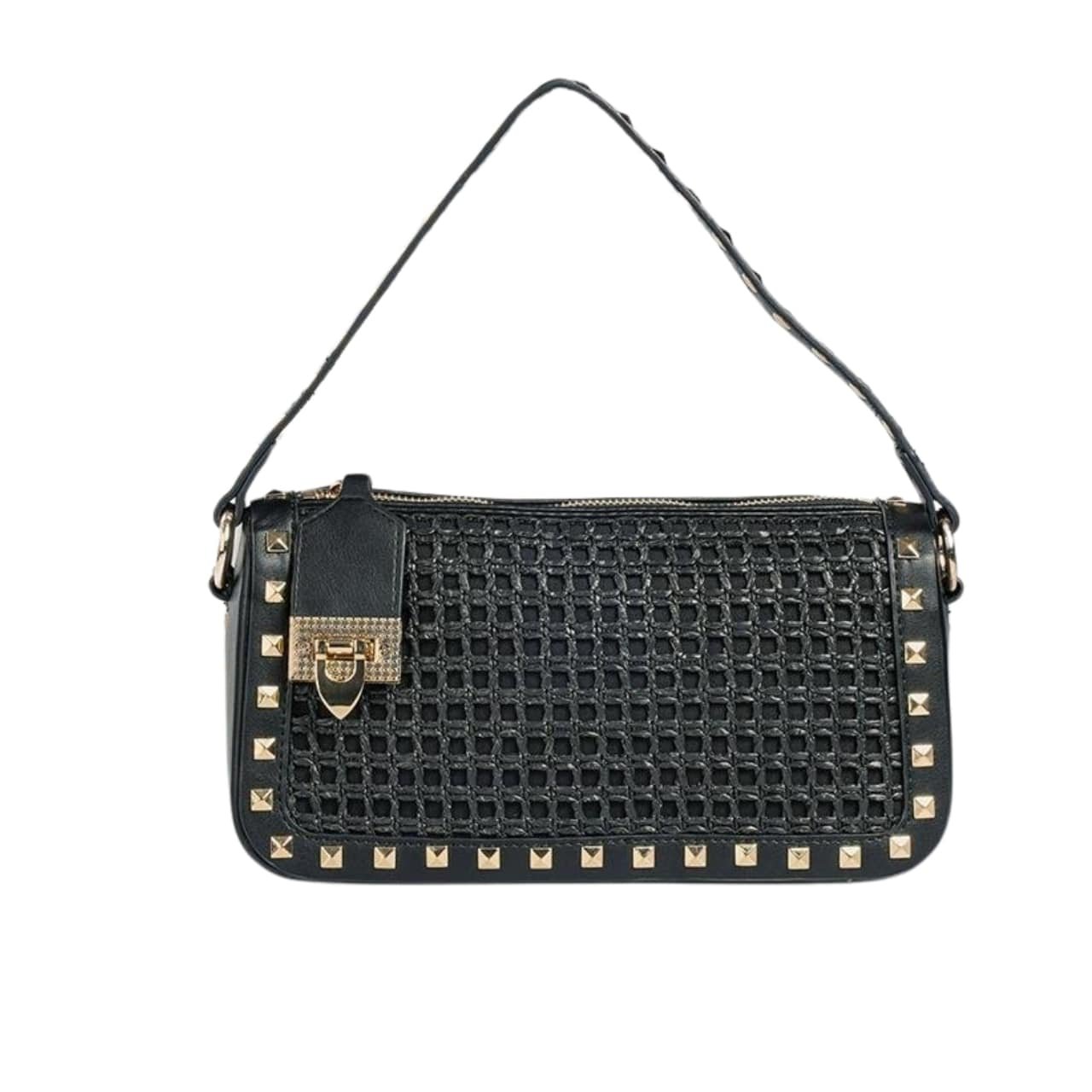 202-1-4 Valentino Garavani Rockstud Raffia Small Crossbody Bag Black 19Cm - Image 1