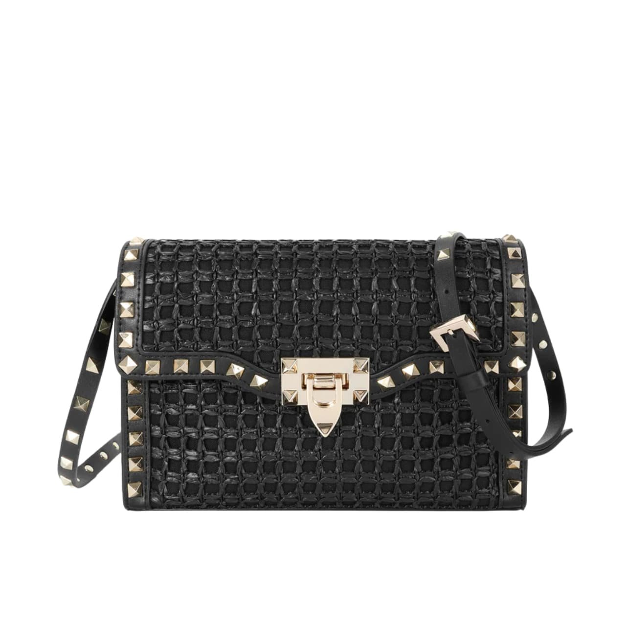 208-6 Valentino Garavani Rockstud Small Raffia Shoulder Bag Black 22Cm - Image 1