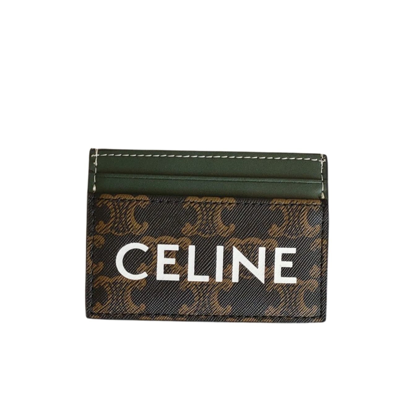 255-1-3 Celine Card Holder In Triomphe Canvas With Celine Print Green 10Cm - Image 1