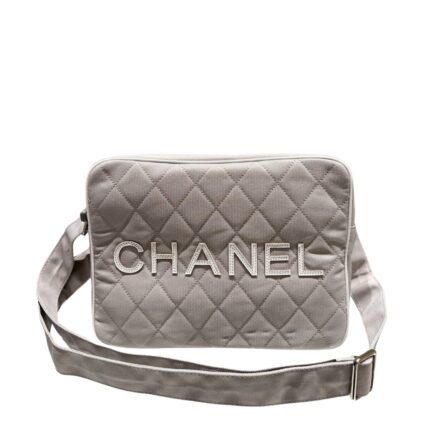 Chanel Messenger Bag Quilted Canvas Light Grey 30Cm