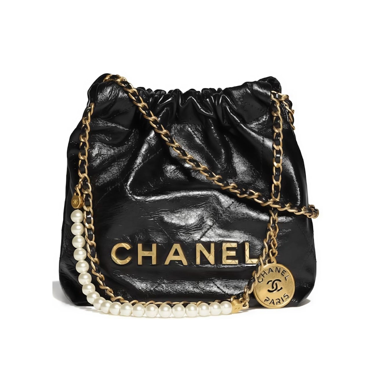 44 Chanel 22 Mini Handbag Shiny Crystal Pearls Gold Tone Metal Black 22Cm As3980 B10672 94305 - Image 1