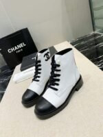 Chanel White Pearl Logo Cc Combat Lace Up Tie Ankle Boots G36209 - Image 4