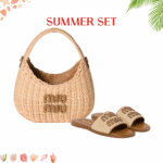 Summer Set: Miumiu Wander Wicker Hobo Bag Tan And Caramel 13Cm And Miumiu Raffia Effect Woven Fabric Slides Natural