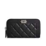 Chanel Boy Long Zipped Wallet Silver Hardware Black 19Cm