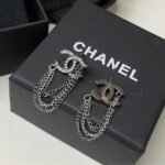 Chanel Stud Earrings With Crystal And Multi Chain In Silver Tone - Image 3