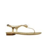 Chanel Gold Quilted Leather With White Camellia Cc Logo Bow Thong Sandals