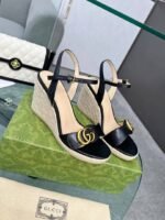 Gucci Leather Wedge Espadrille Sandals Black 8Cm - Image 3