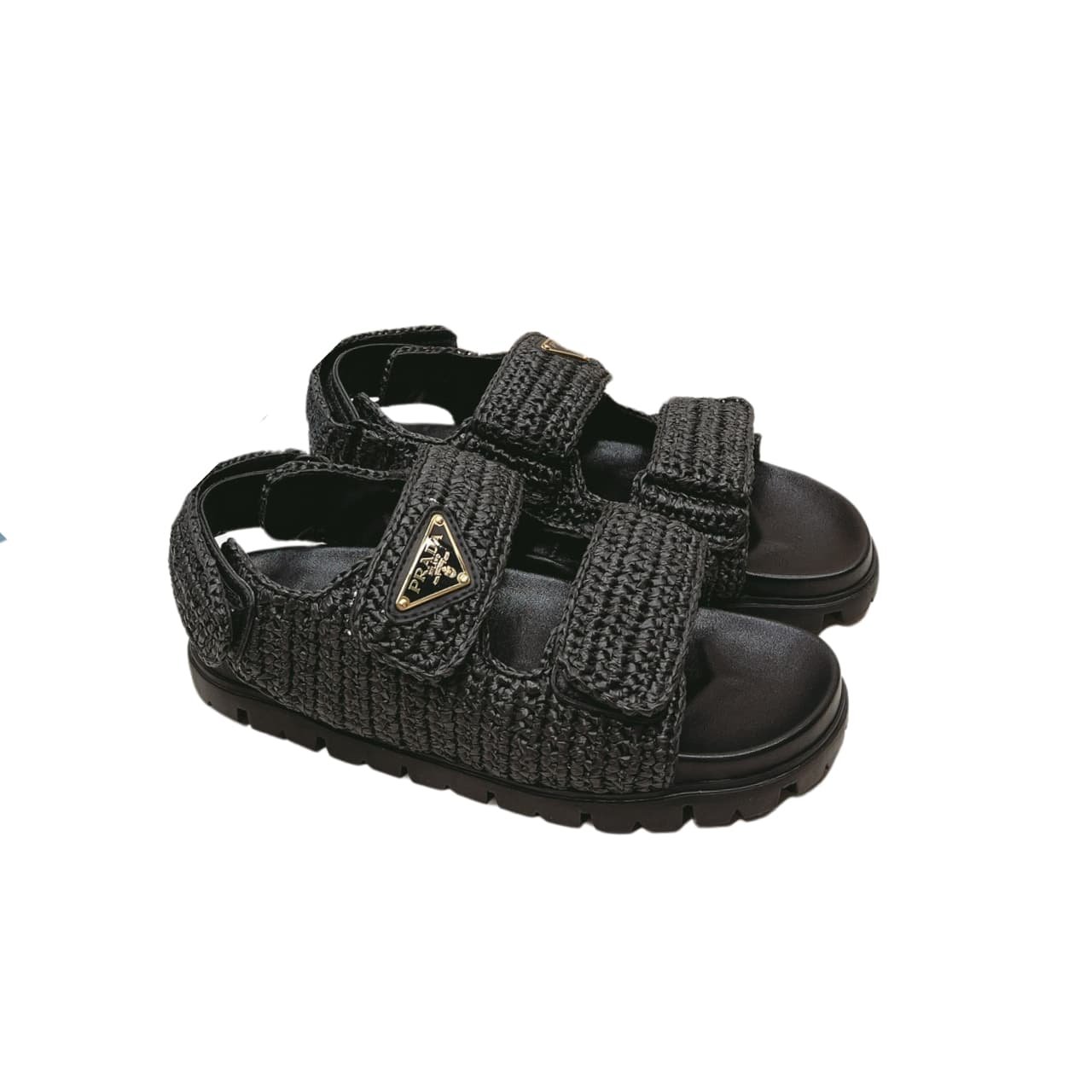 PRASB1-2 Prada Monolith Crochet Raffia Effect Sandals In Black - Image 1