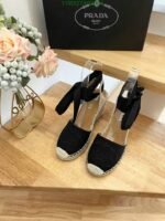 Prada Linen Espadrille Wedge Sandals Black - Image 3