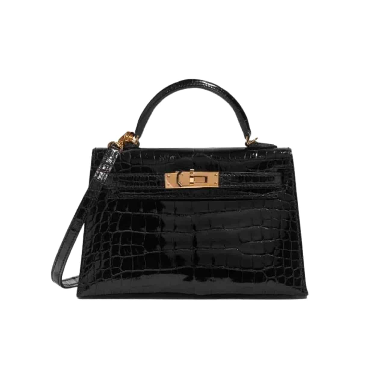 xr:d:DAF6MoGXHTU:292,j:5020804680495114438,t:24012909 Hermès Kelly Alligator Gold Buckle Black 22Cm - Image 1