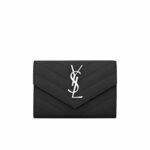 Saint Laurent Cassandre Matelassé Small Envelope Wallet In Grain De Poudre Leather Black Silver 13Cm 414404Bow021000