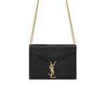 Saint Laurent Cassandra Croc-Embossed Shiny Leather Cross-Body Bag Black