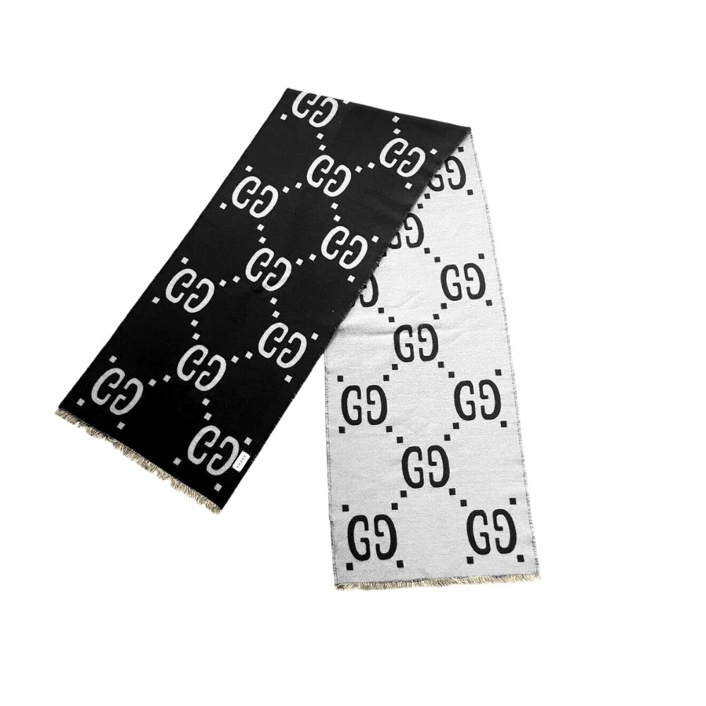 Thumbnail-20-4-3 Gucci Gg Jacquard Wool Silk Scarf Black White 180Cm - Image 1