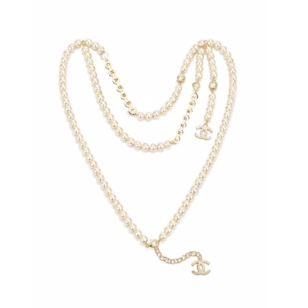 Thumbnail-5-3-4 Chanel Pearl Necklace with Gold Medalion Charms - Image 1