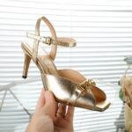 Gucci Metal Chain Stiletto Heels Flip Flop Fish Mouth Sandals Gold - Image 4