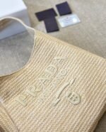 Prada Logo Embossed Raffia Shoulder Bag Beige 33Cm 1Bc186Vouo2A2T - Image 9