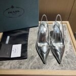 Prada Brushed Leather Slingback Pumps Silver - Image 4
