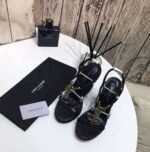 Saint Laurent Cassandra 115 Leather And Raffia Wedge Black Sandals - Image 2